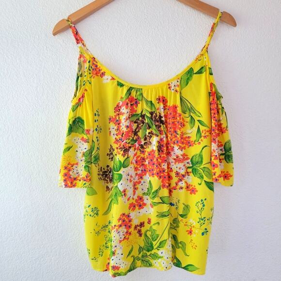 Plenty by Tracy Reese Yellow Floral Adjustable Cold Shoulder Top Size XS EUC - Picture 1 of 5
